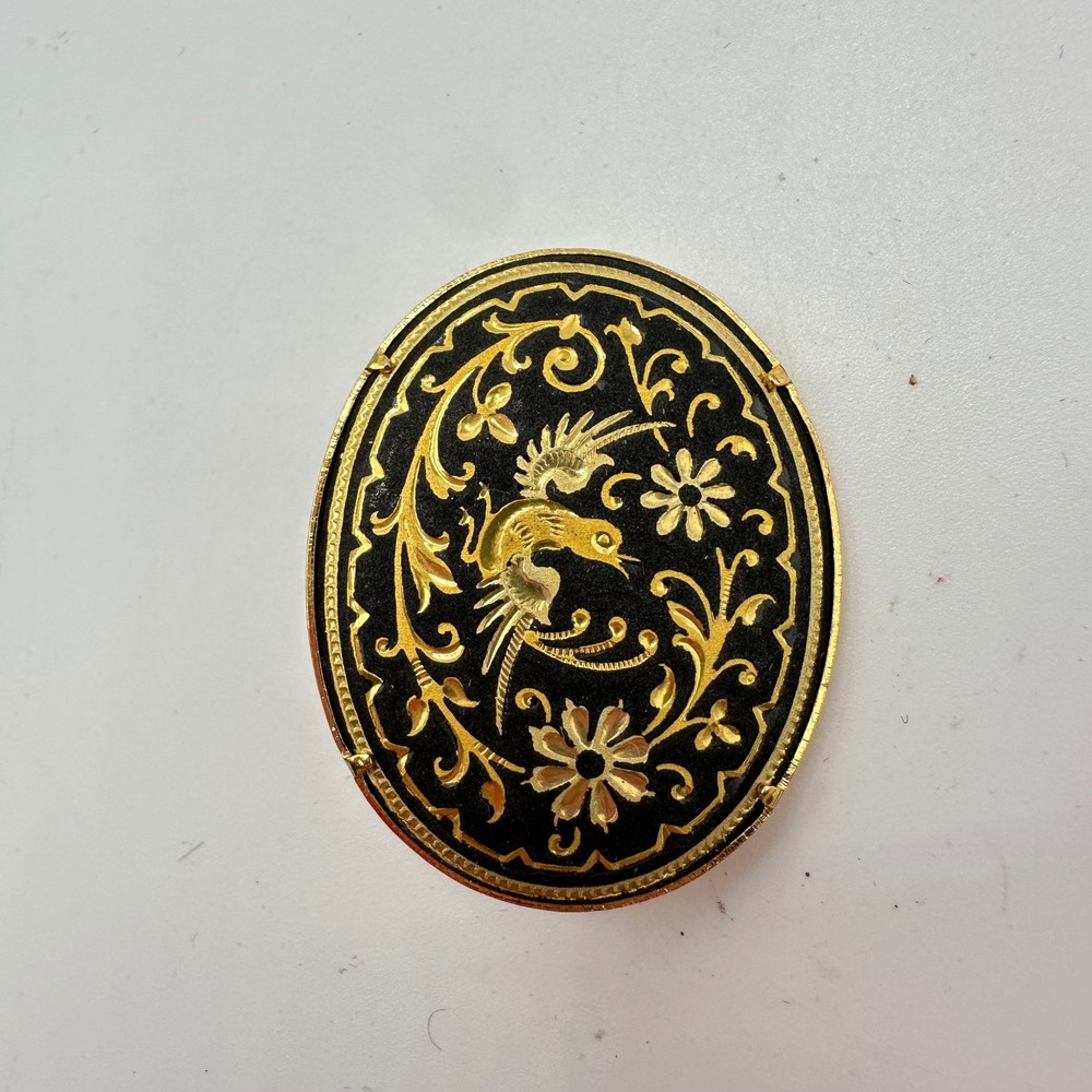 Vintage Damascene Style Oval Brooch Gold Black Tone Bird Floral Black Enamel Pin